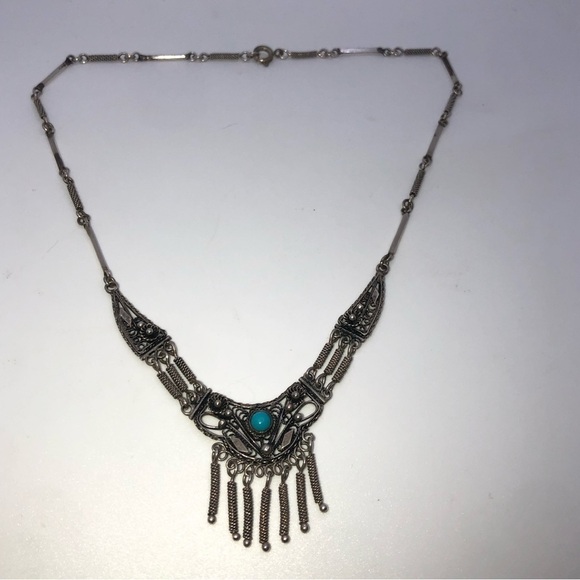TURQUOISE & 835 Silver Filigree Tassels Necklace Vintage 16” + 1” Drop - Picture 2 of 6